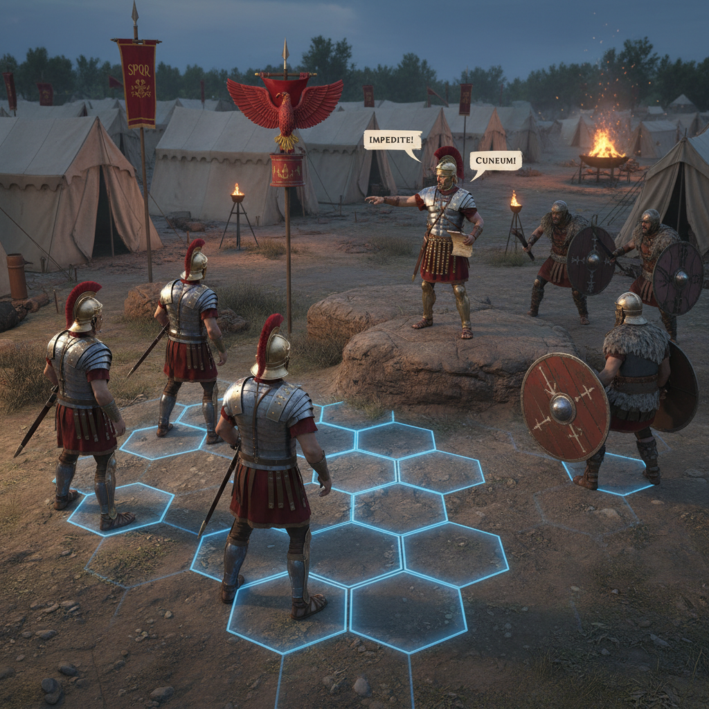 Turn-based tactical battle in a Roman camp with grid-based positioning