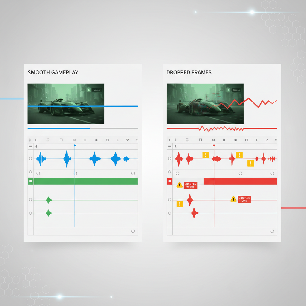 Comparison of smooth gameplay recording versus dropped frames and stutter in a timeline view