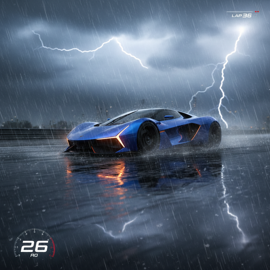 Racing game car driving through heavy rain with reflections and reduced visibility