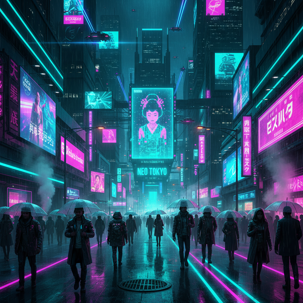Neon cyberpunk city street with holographic ads and rain for cyberpunk game mood