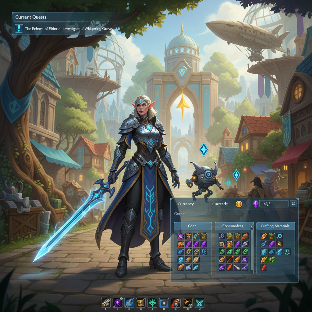 MMO player optimizing quests and inventory at a town hub