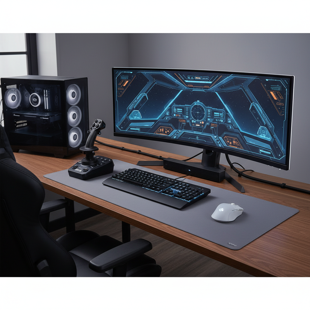 Space sim control setup with joystick, throttle, and keyboard on a PC desk