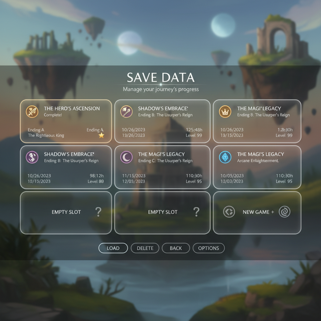 Save file management screen showing multiple RPG save slots for endings
