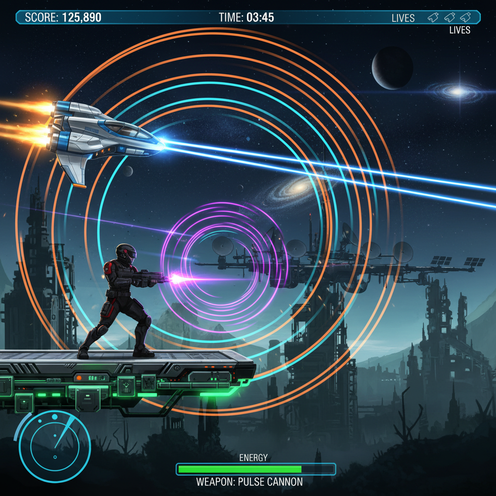 Side-scrolling shooter action gameplay scene with bullets and platforms
