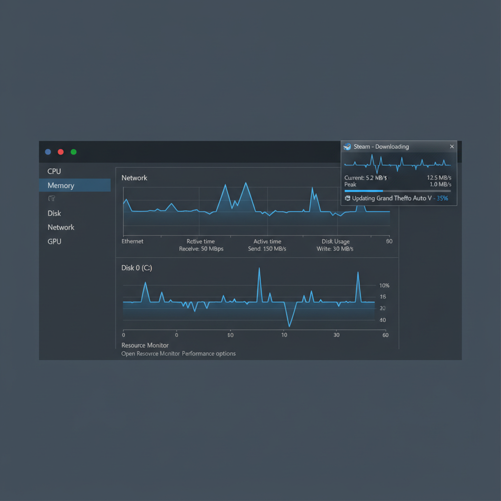 Task Manager showing Steam network vs disk usage to diagnose stopping and starting downloads