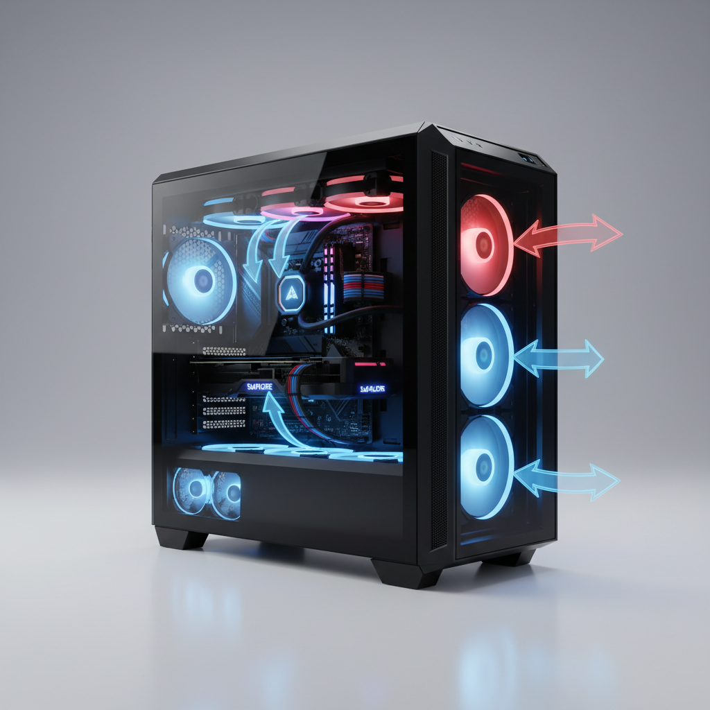 PC case airflow diagram showing intake and exhaust fans for gaming
