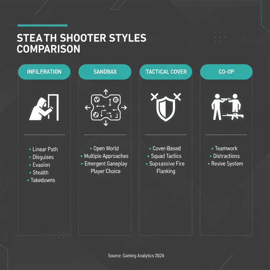 Comparison chart concept for stealth shooter styles and difficulty