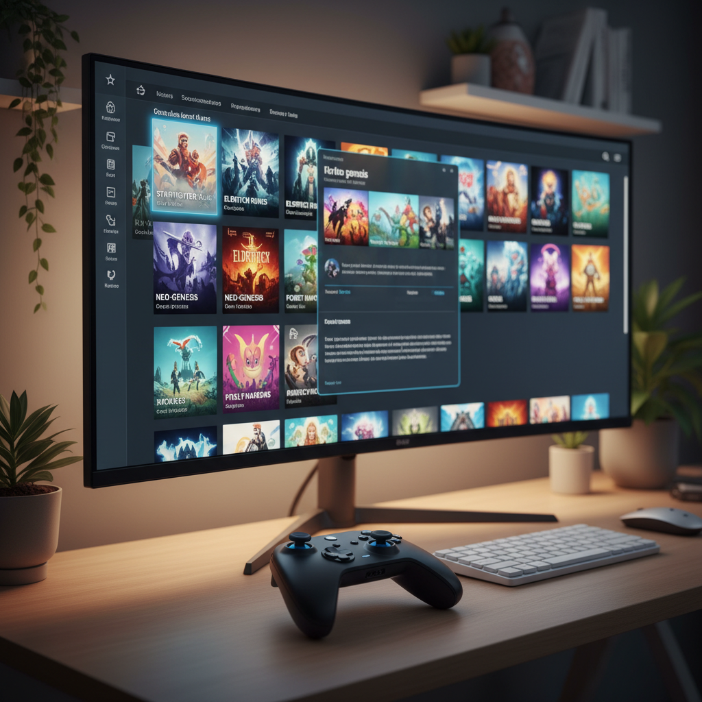 Steam library interface on a PC monitor for ranking game launchers