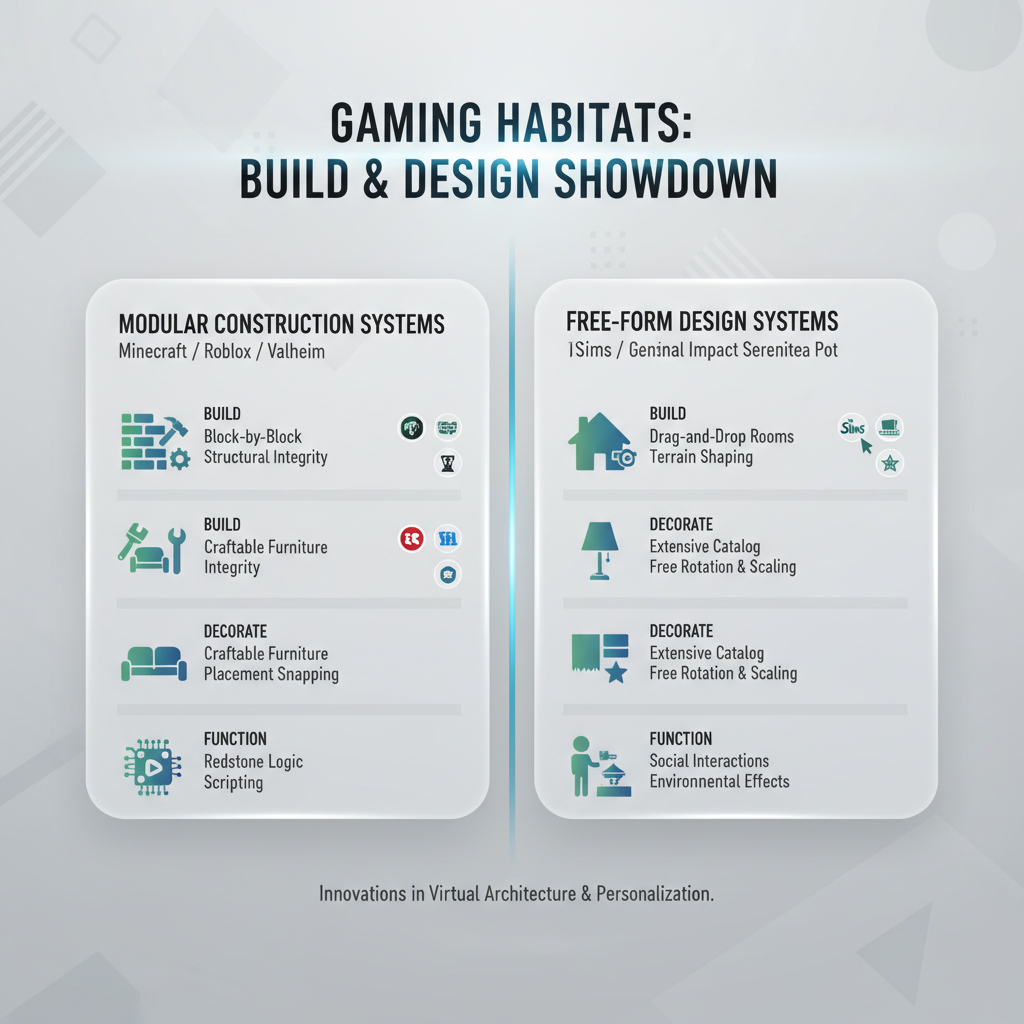 Side-by-side comparison of building and decorating systems in popular housing games