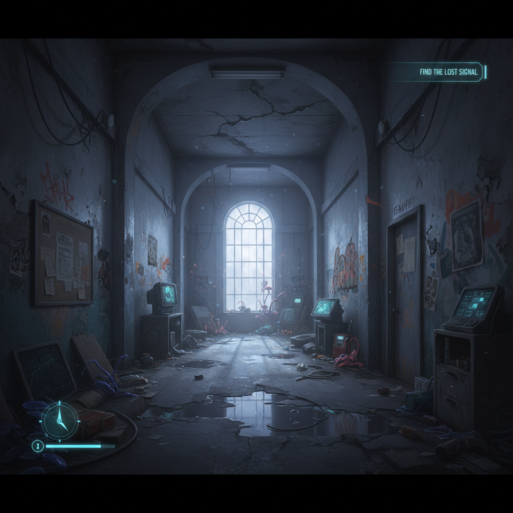 Player exploring a narrative walking simulator environment