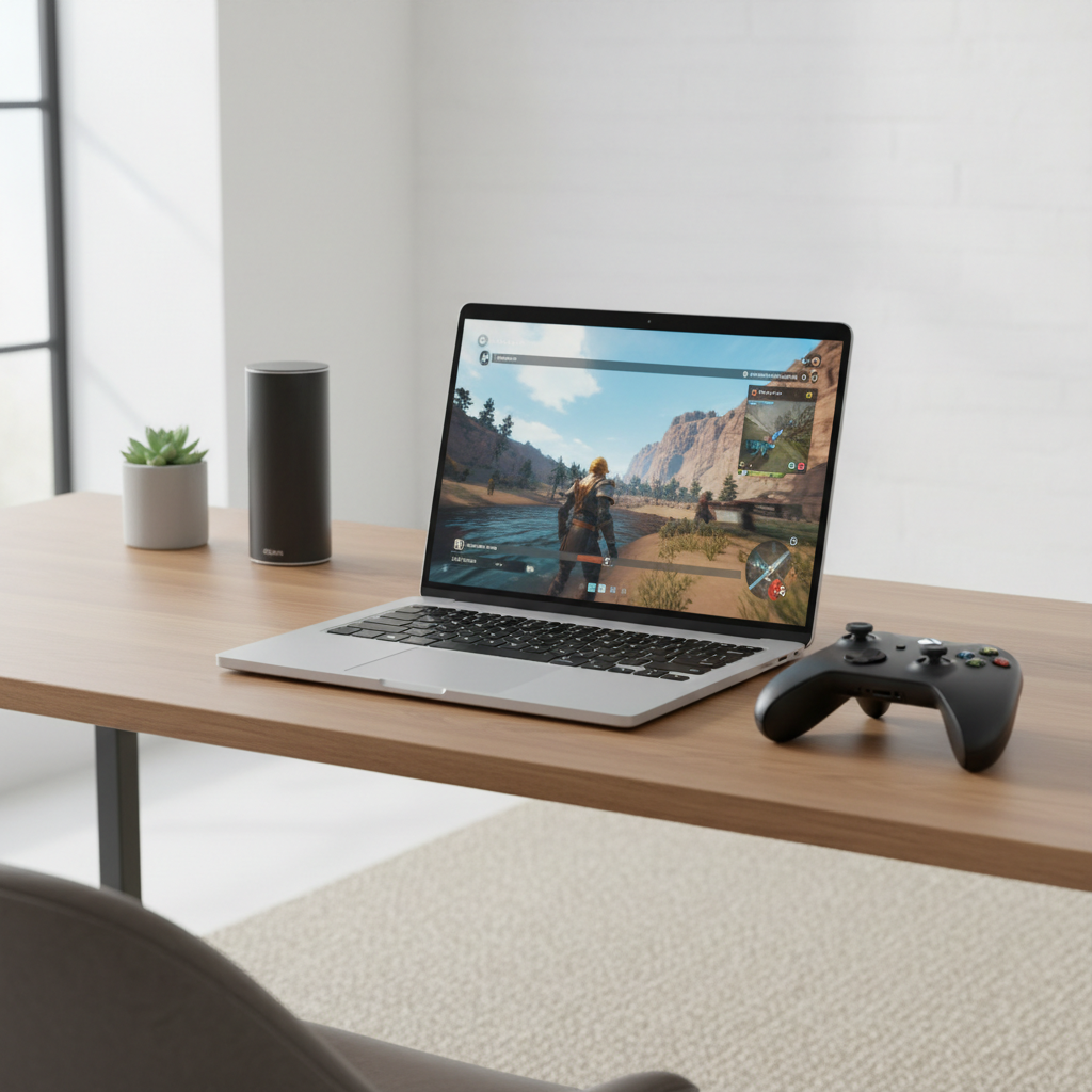 Laptop streaming an Xbox game via cloud gaming with a controller on a desk