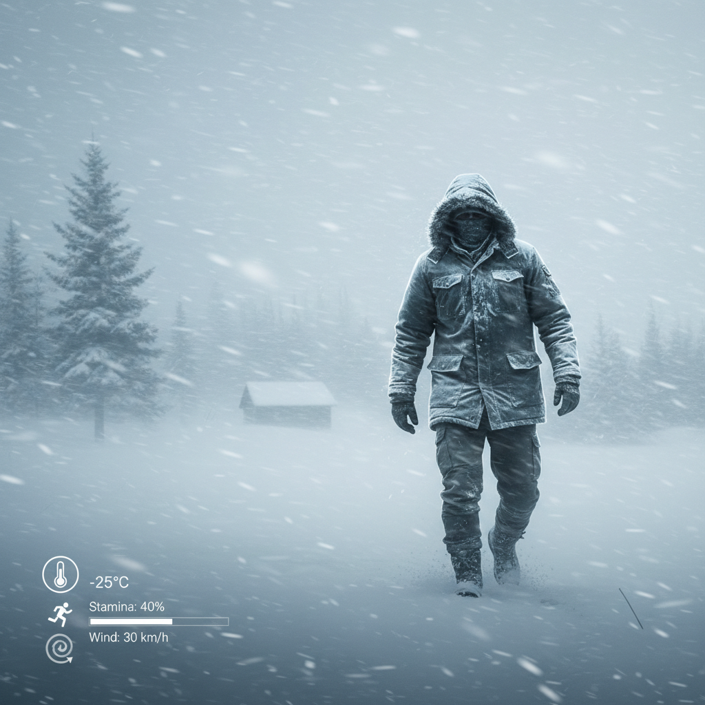 Player navigating a blizzard with survival UI showing temperature and stamina