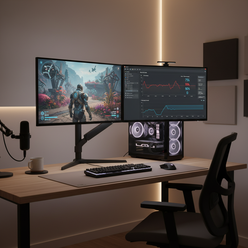 PC streaming and gameplay recording setup showing GPU encoding and performance stats