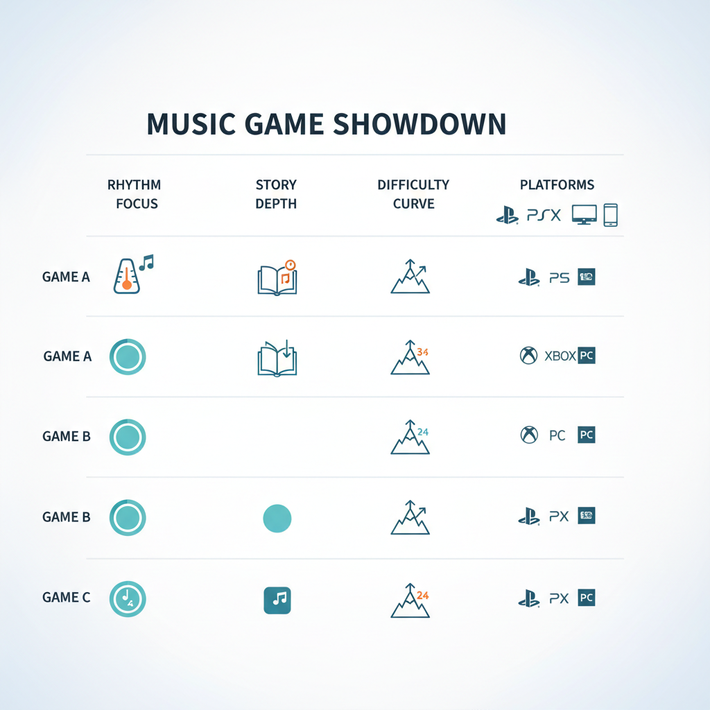 Comparison table concept for music-based games with icons for rhythm, story, and platforms