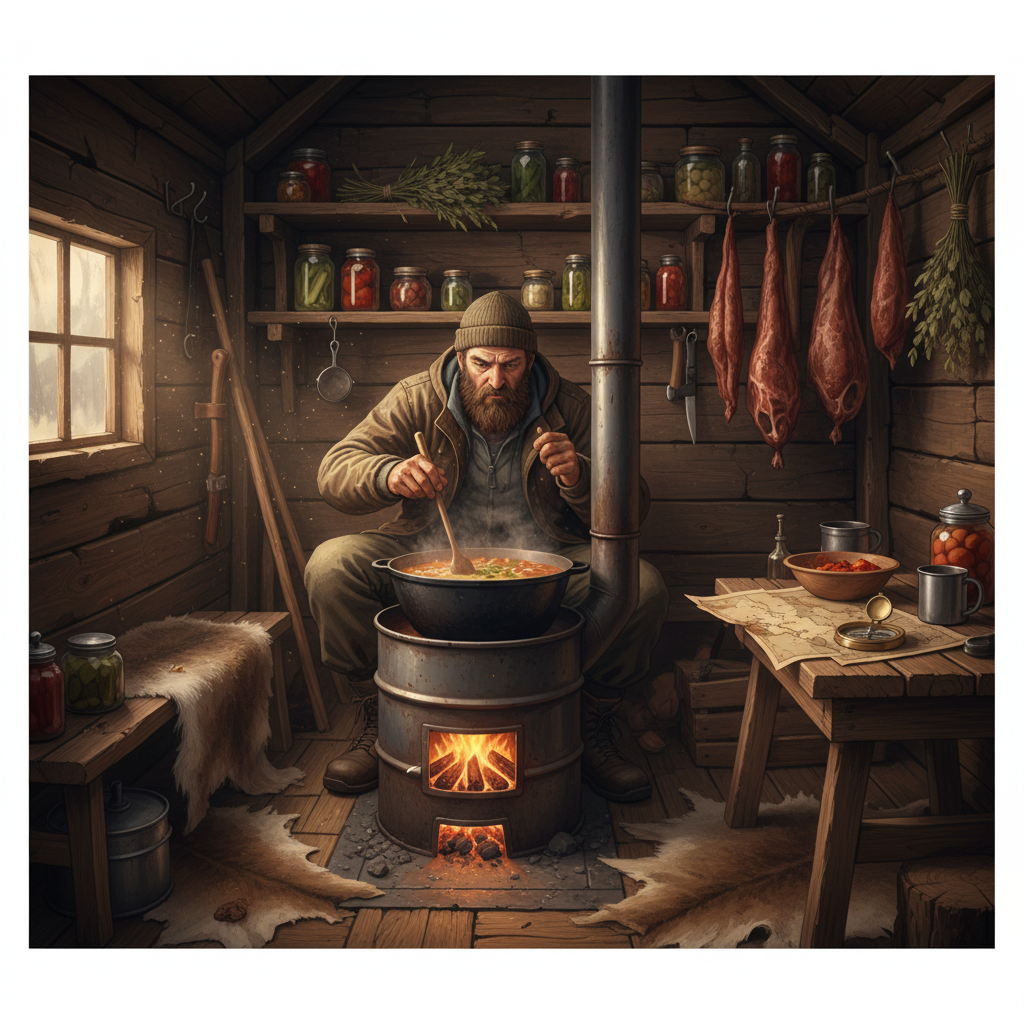 Survival game character cooking stew at a shelter for long expeditions
