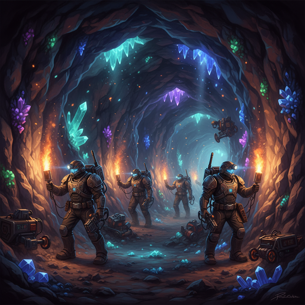 Procedurally generated cave tunnel with flares and mining team in co-op game