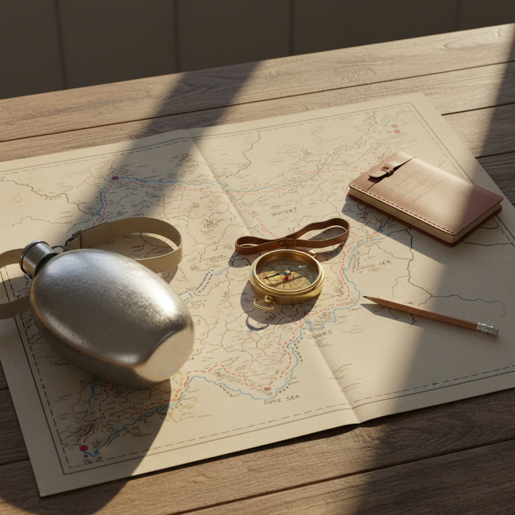 Desert caravan planning map with compass, canteen, and route notes