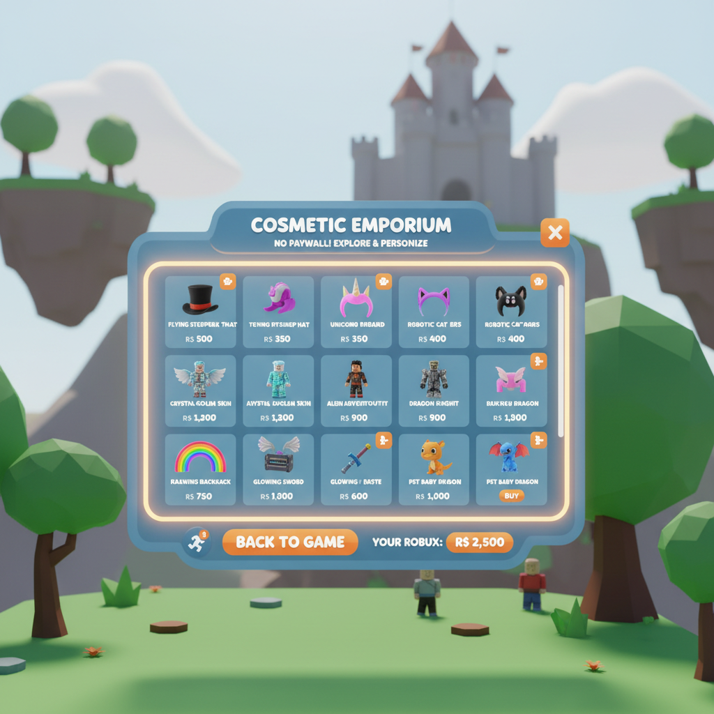 Free-to-play Roblox game shop UI with optional cosmetic items
