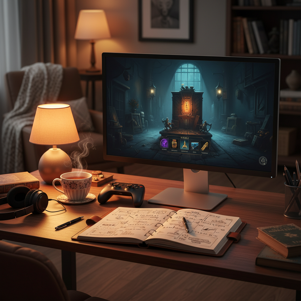Cozy mystery game setup with notebook, controller, and warm lighting