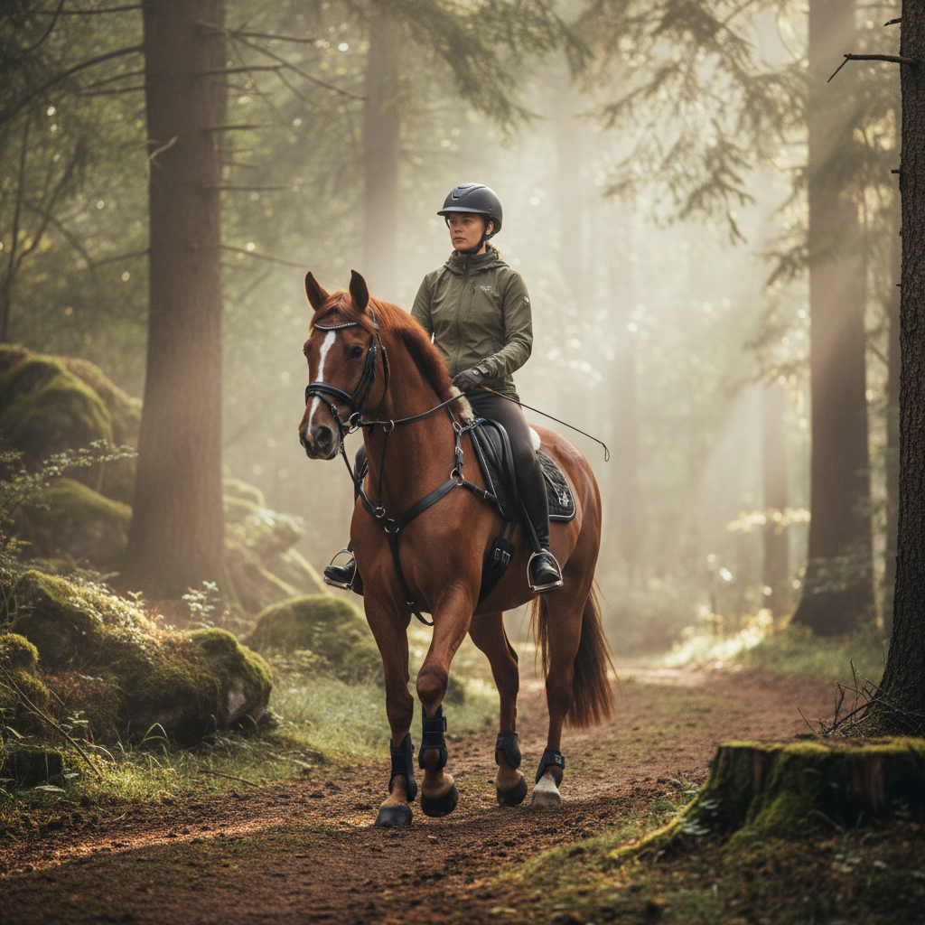 Cinematic horseback riding on a trail with realistic tack and lighting