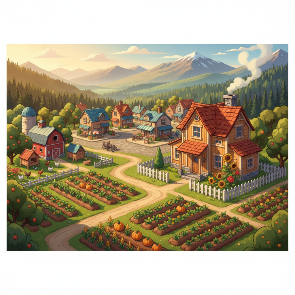 Cozy farming sim game scene with crops, farmhouse, and a small town vibe