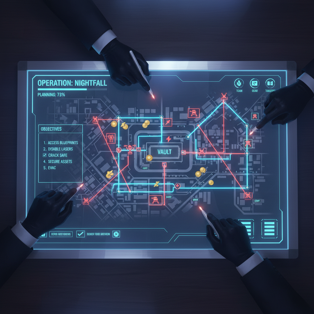 Stealth heist planning board with routes, guards, and loot icons