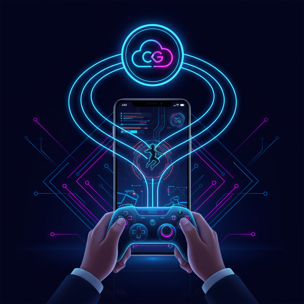 Cloud gaming on a smartphone with a controller, showing server-to-phone streaming concept