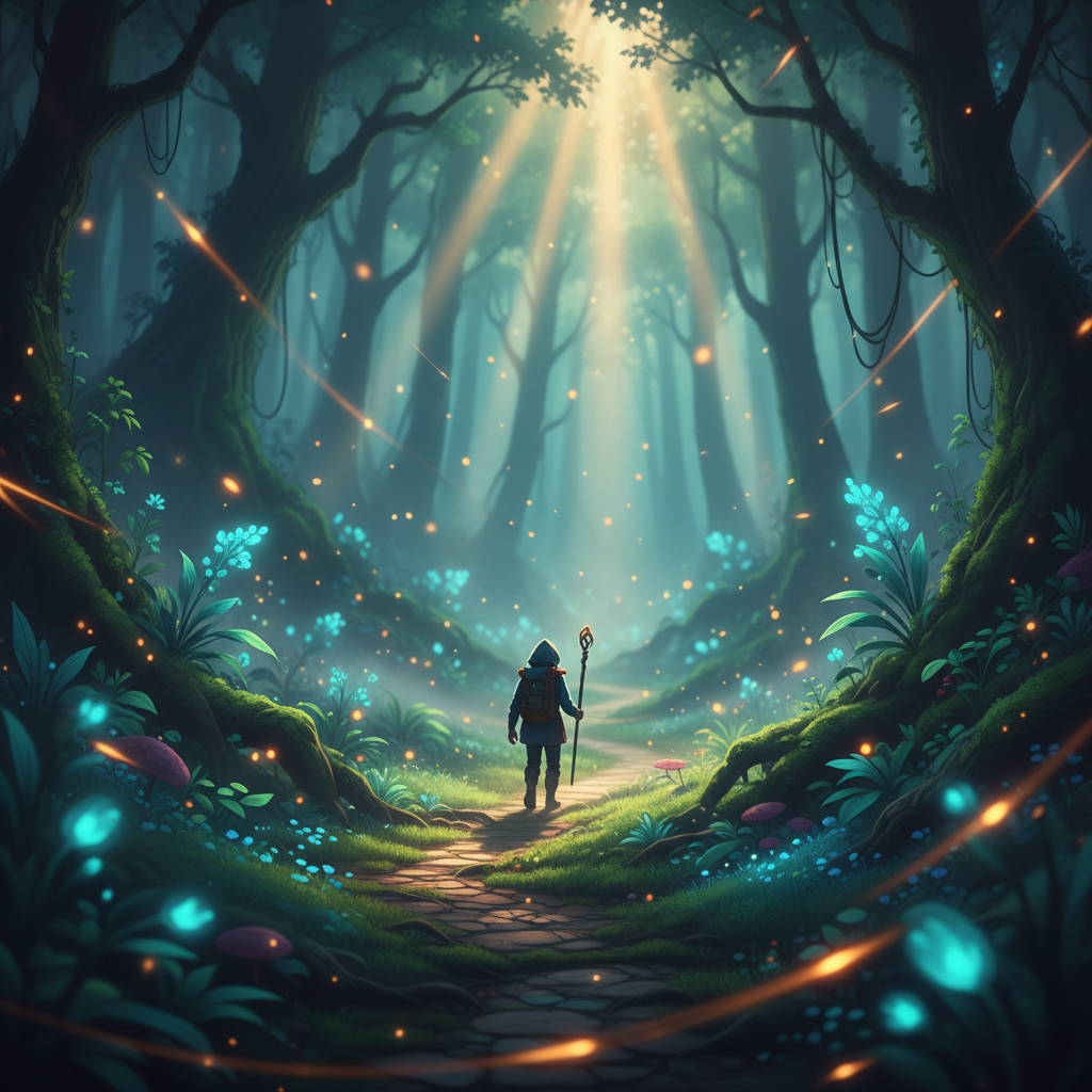 Player exploring a misty magical forest level in a video game