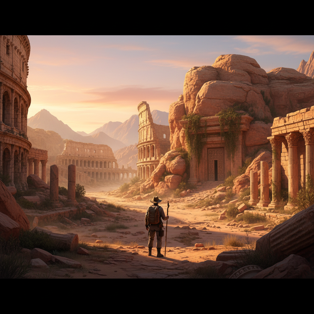 Open-world landscape with ruins and hidden doorway hinting at exploration game secrets