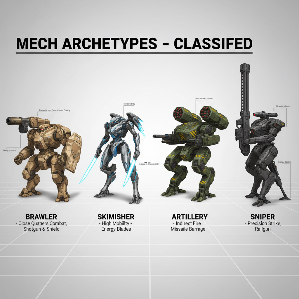 Different mech build archetypes illustrated with weapons and armor
