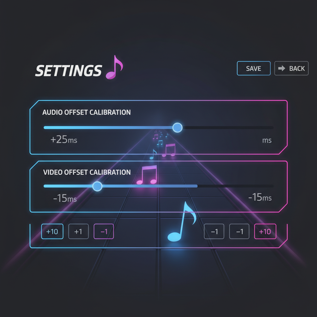 Rhythm game calibration screen showing audio and video offset sliders
