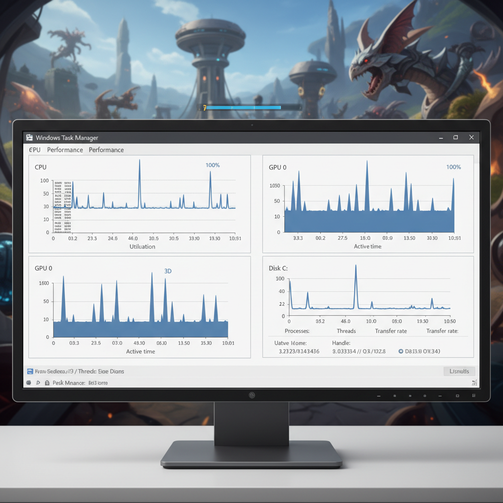 Windows Task Manager showing CPU, GPU, disk spikes while gaming to diagnose stutter