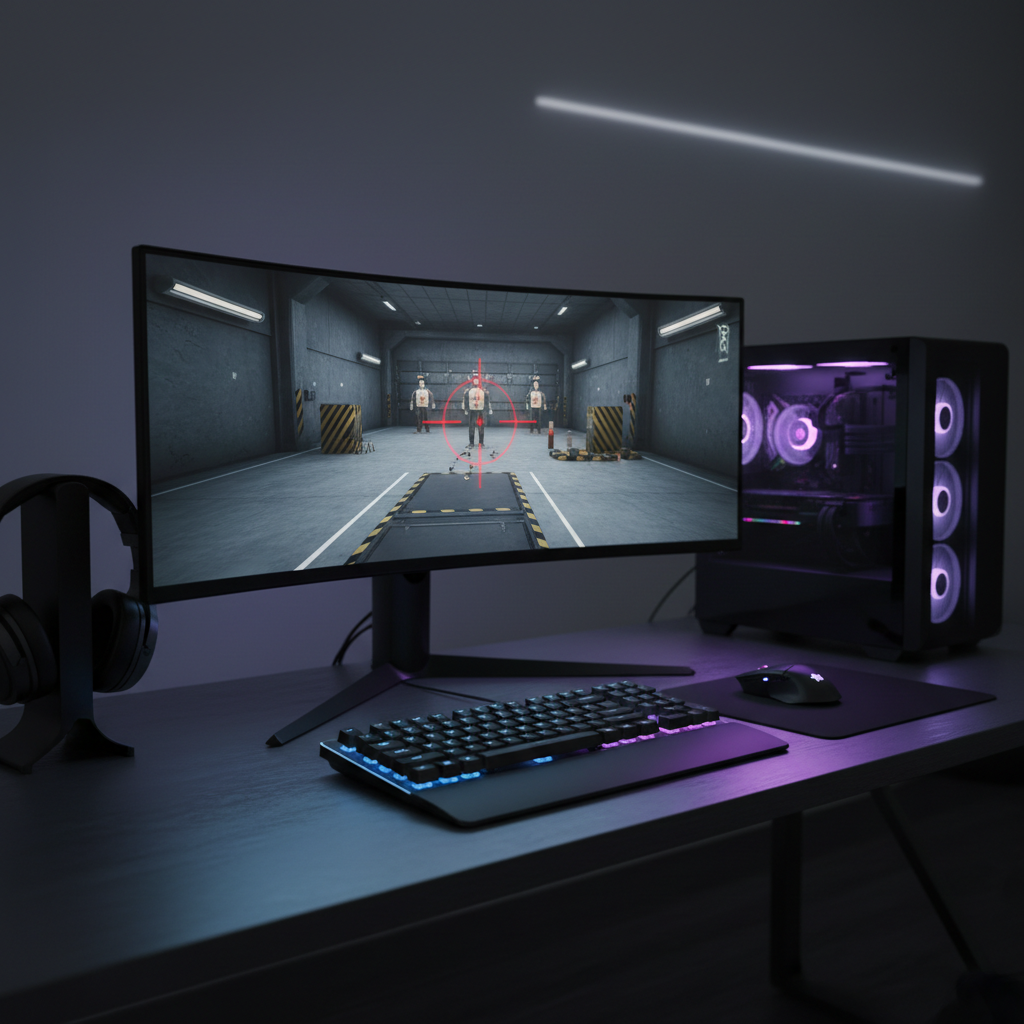 PC gaming setup showing a crosshair overlay on a monitor