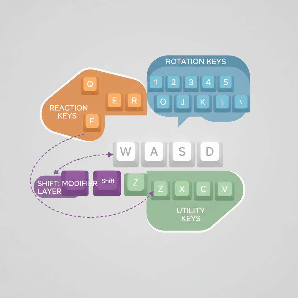 MMORPG hotkey zones near WASD with shift modifier examples
