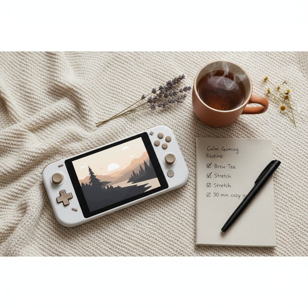 Calm gaming routine checklist with tea and handheld console