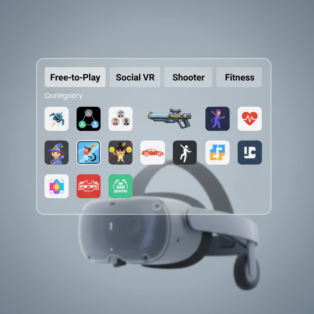 Quest 3 free-to-play VR game icons and category tiles