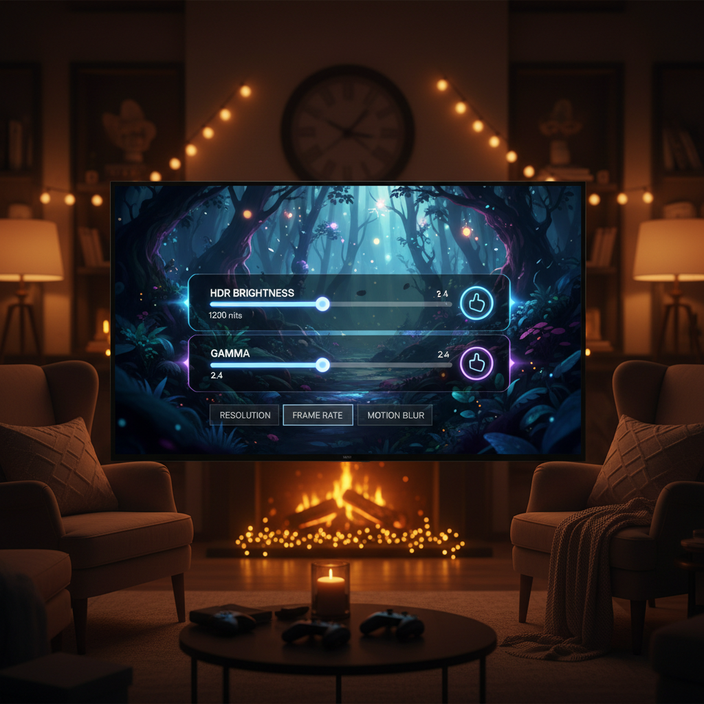 Game settings menu adjusting HDR brightness for forest atmosphere