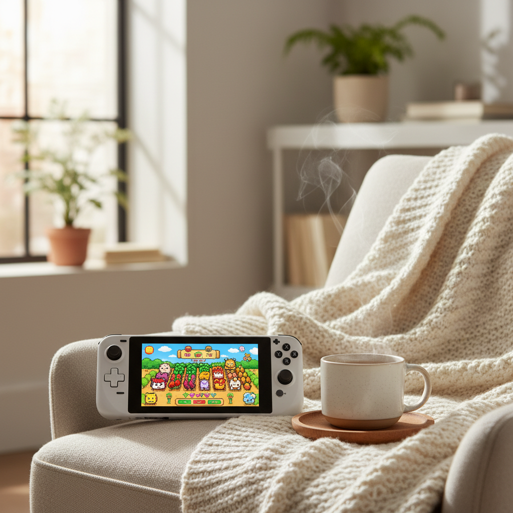 Cozy nonviolent game setup with handheld console and tea