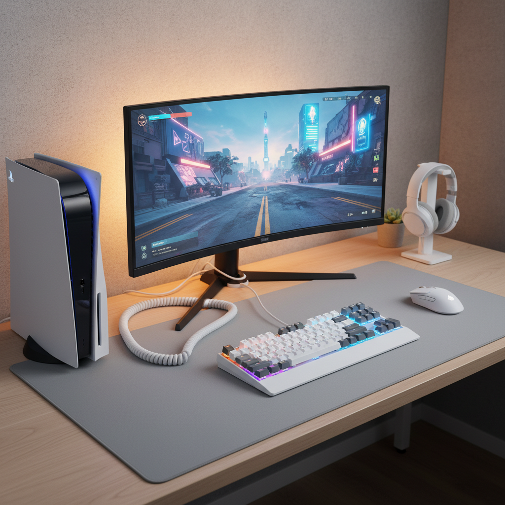 PS5 with keyboard and mouse connected via USB on a gaming desk