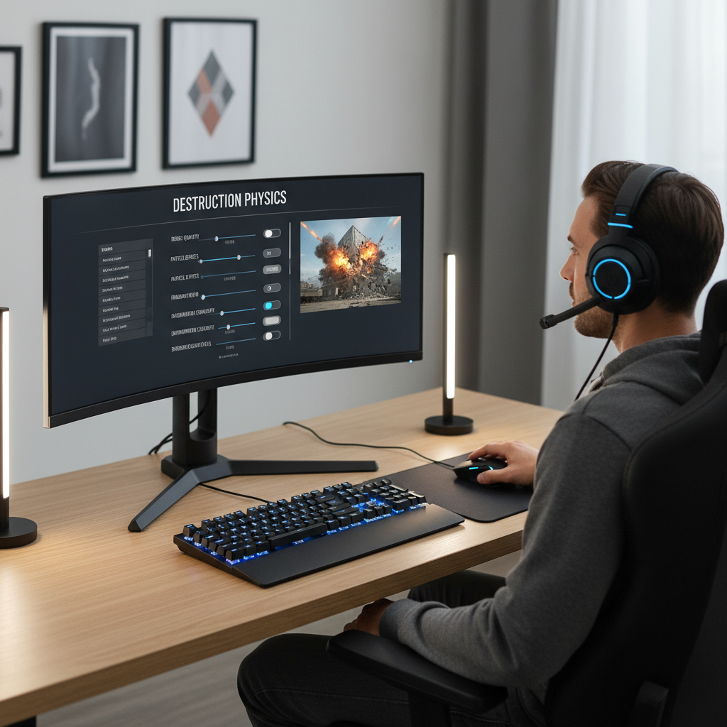 Gamer checking graphics settings for destruction effects and performance