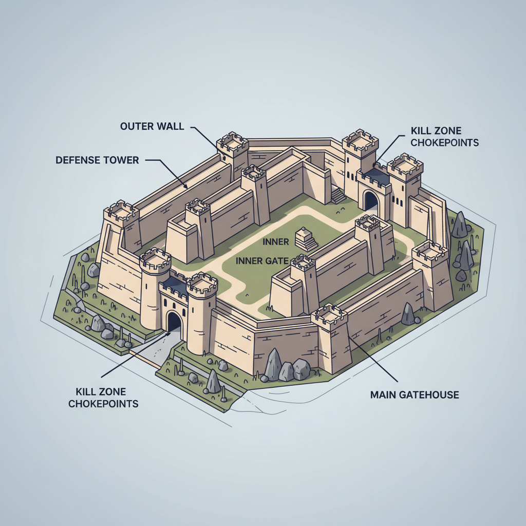 Layered castle defenses with walls towers and chokepoints diagram