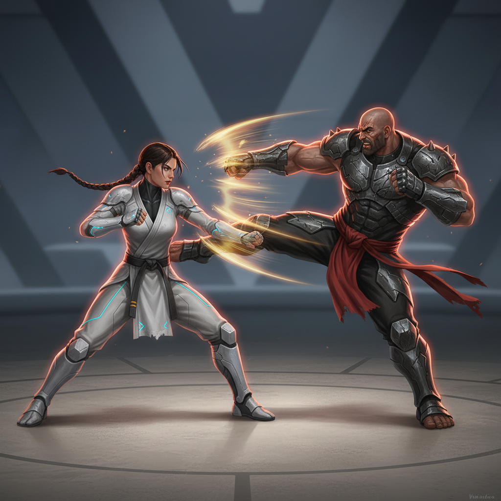Martial arts video game combat scene with a focused fighter stance and cinematic lighting