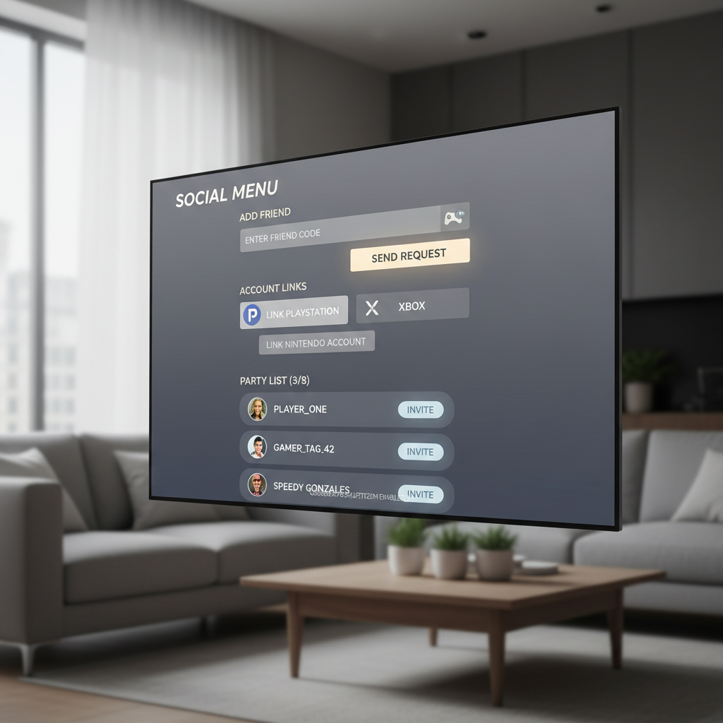 In-game social menu showing cross-platform friend codes and account linking