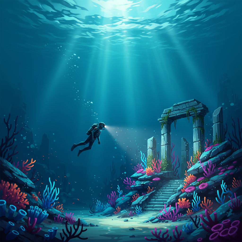 Underwater exploration in video games with diver near coral and ruins