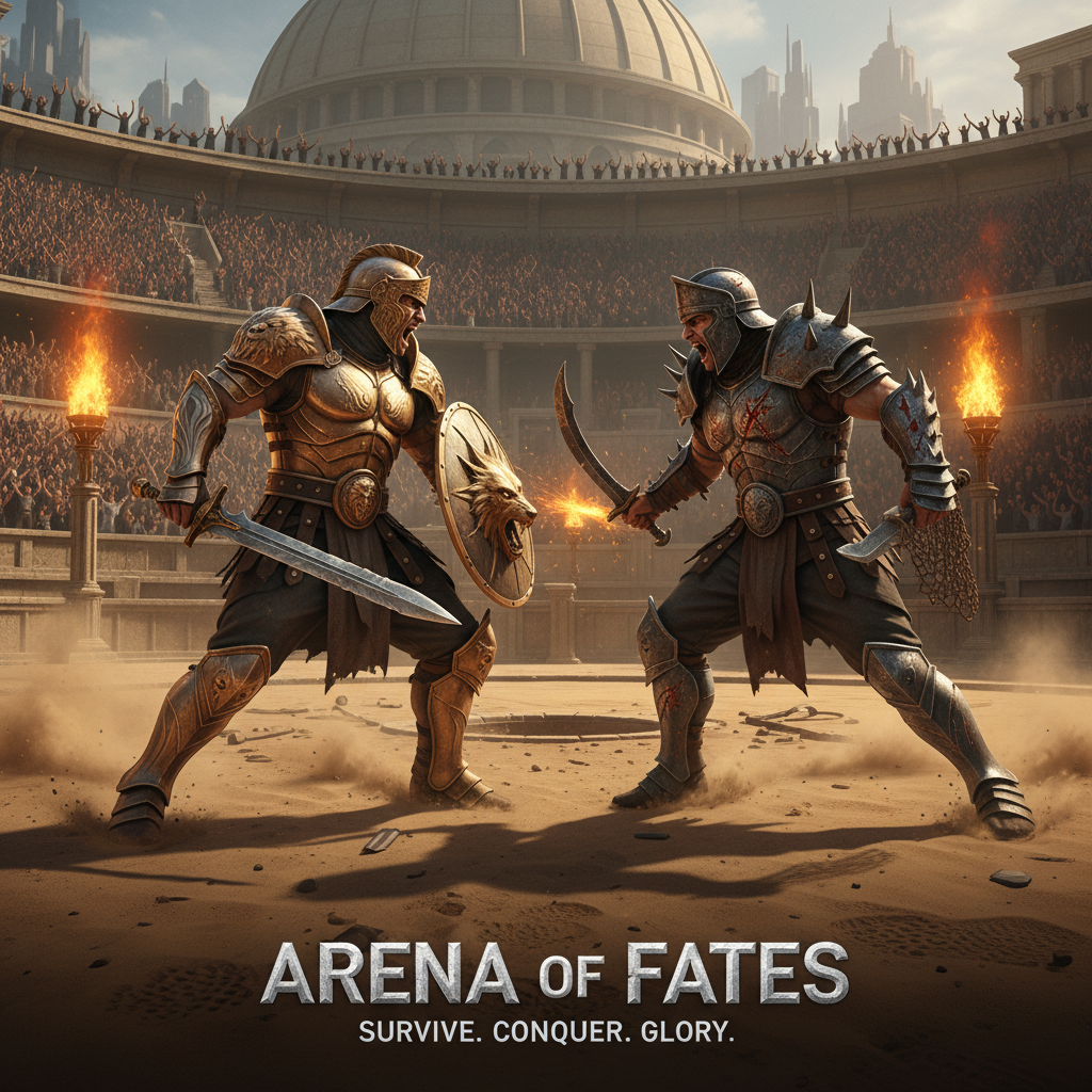 Gladiatorial arena survival gameplay scene with crowd and fighters
