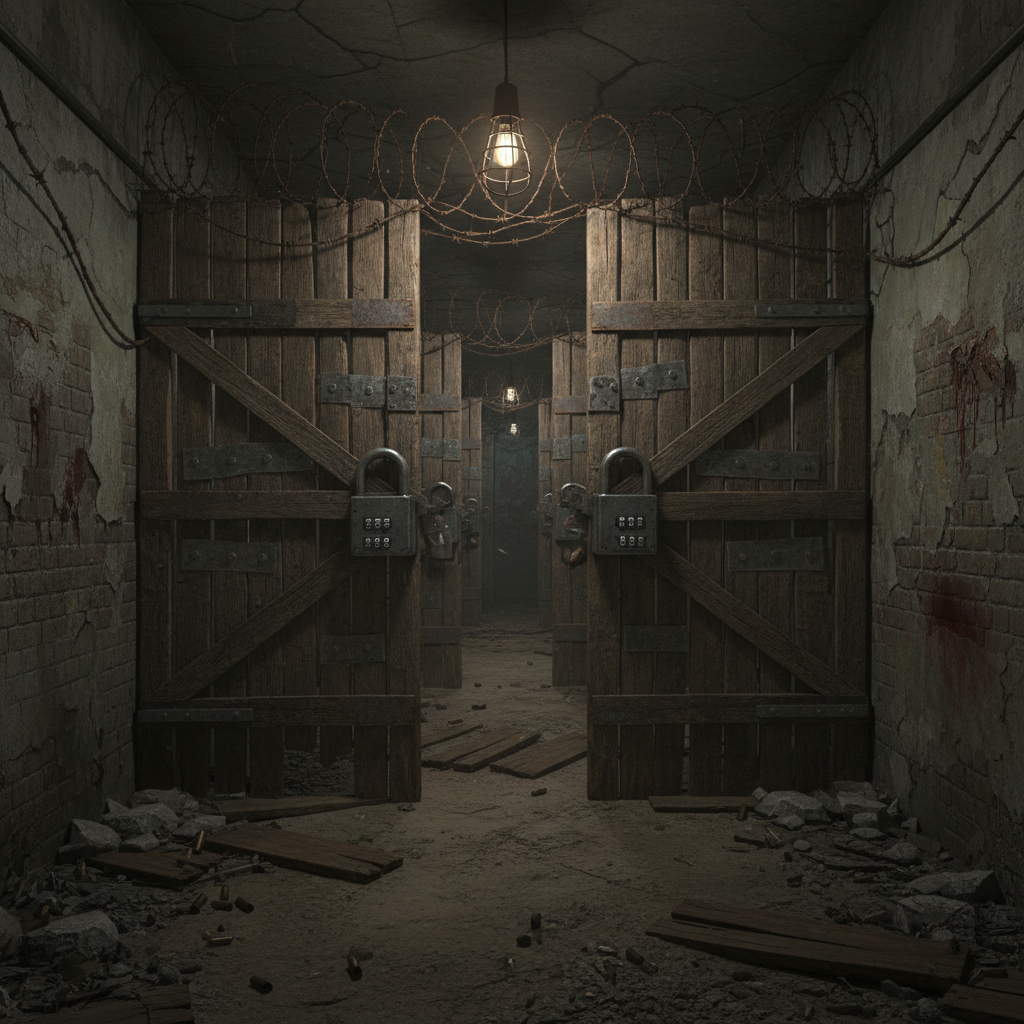 DayZ base entrance with layered gates and locked doors showing defensive geometry