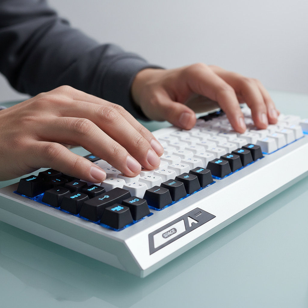 Hands on mechanical keyboard demonstrating esports keybind zones for FPS movement and abilities