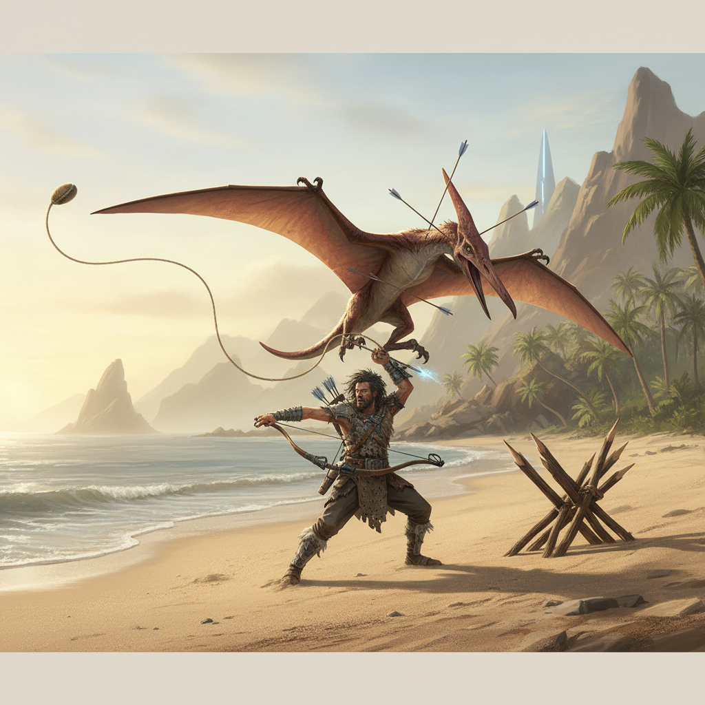 ARK survivor using bolas and tranquilizer arrows to safely tame a Pteranodon on a beach