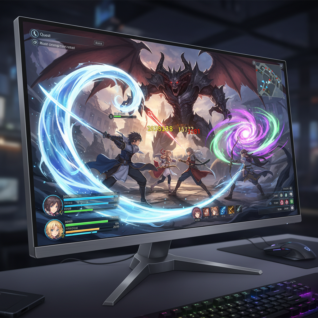 Anime-style action RPG combat on PC with skill effects and party UI