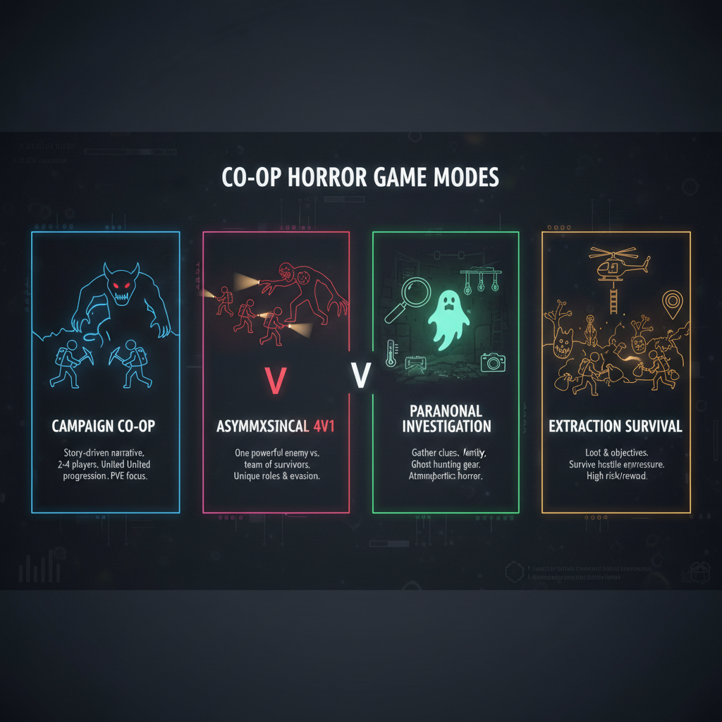 Comparison of co-op horror game modes: campaign, asymmetrical, investigation, extraction